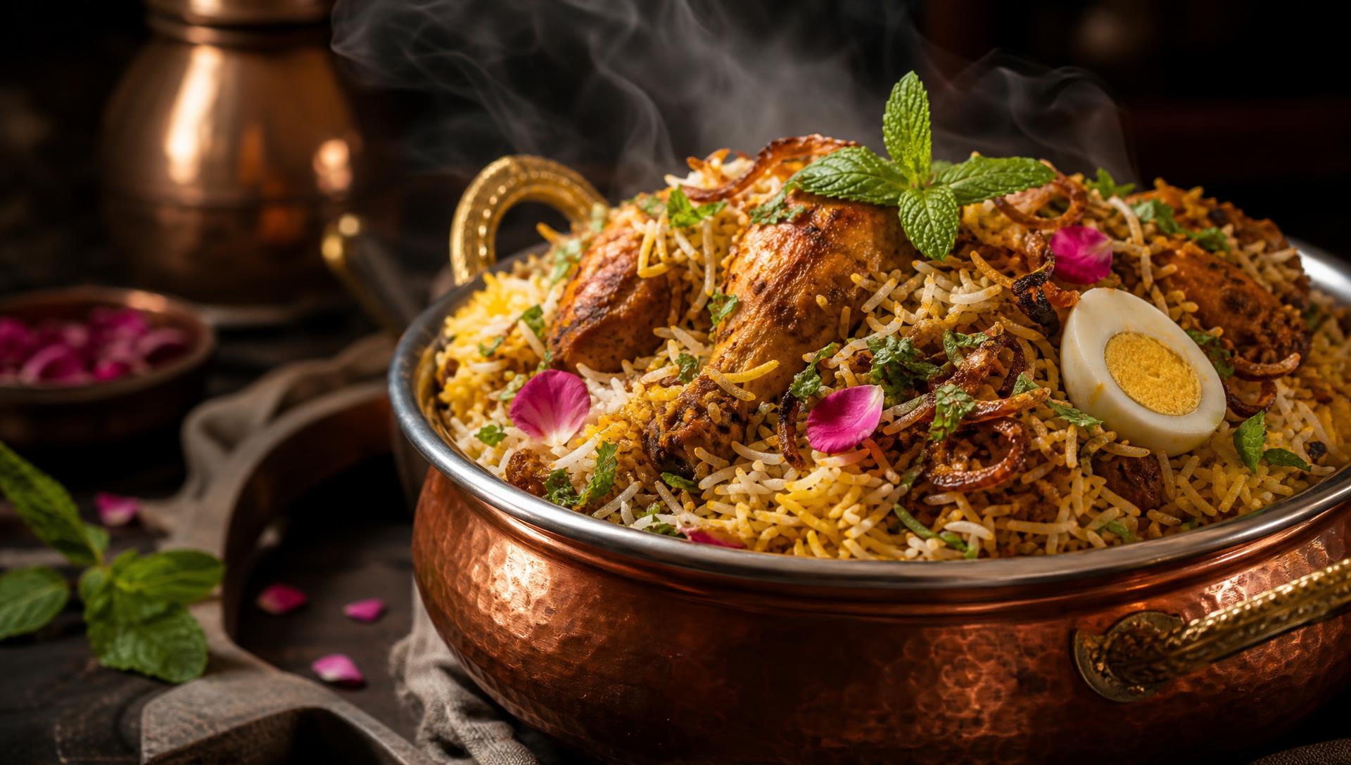 Steaming chicken dum biryani in a copper handi, cooked at home in Singapore