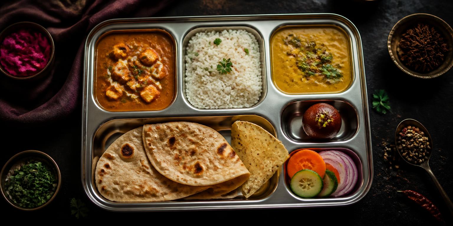 Top-down Indian thali bento tray with curry, rice, roti and dessert