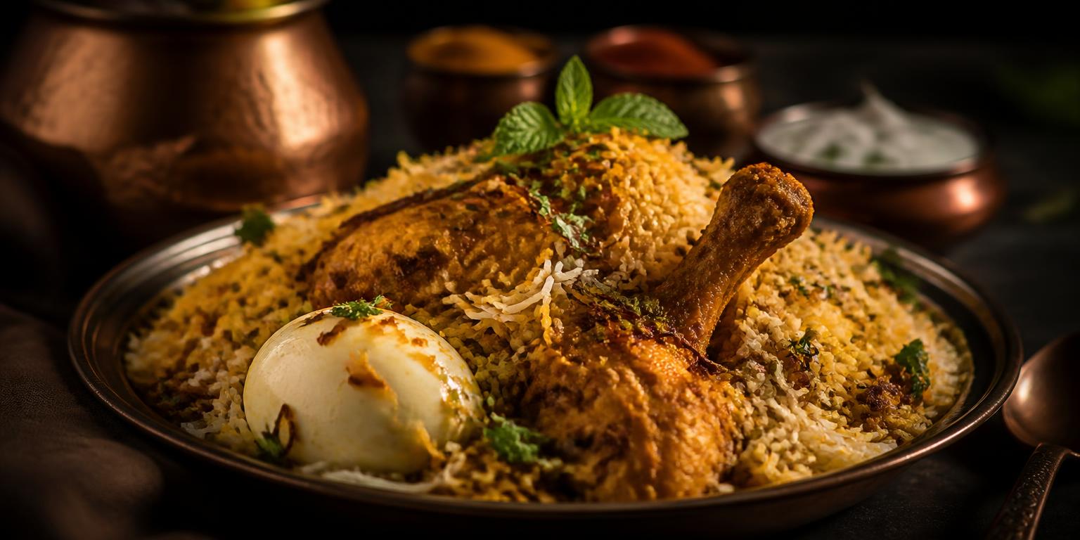 Plated chicken biryani with saffron rice, egg and fried onions