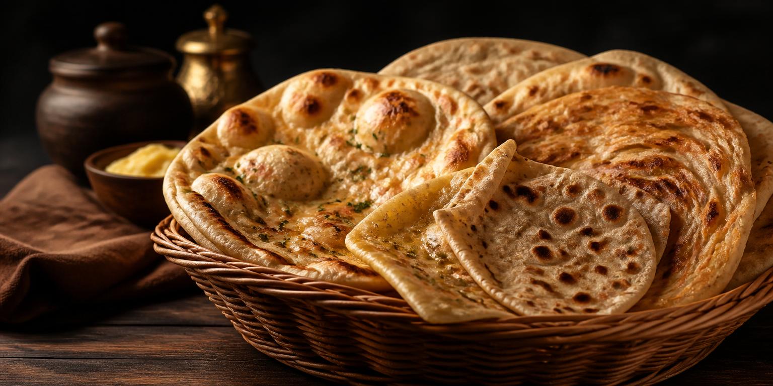 Assortment of golden naan, roti and flaky paratha on a rustic wooden board