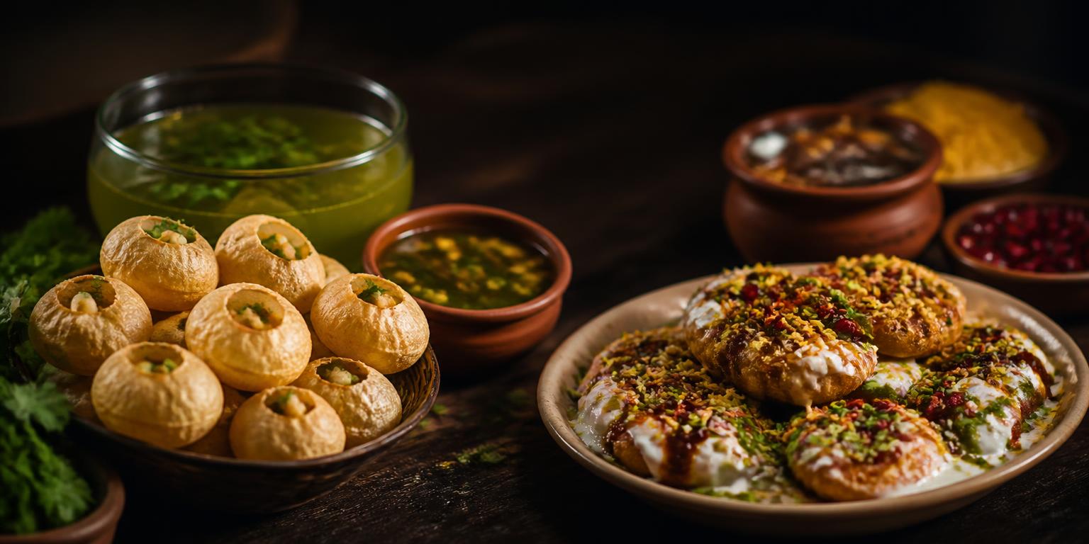 Pani puri and papdi chaat with chutneys on a dark table