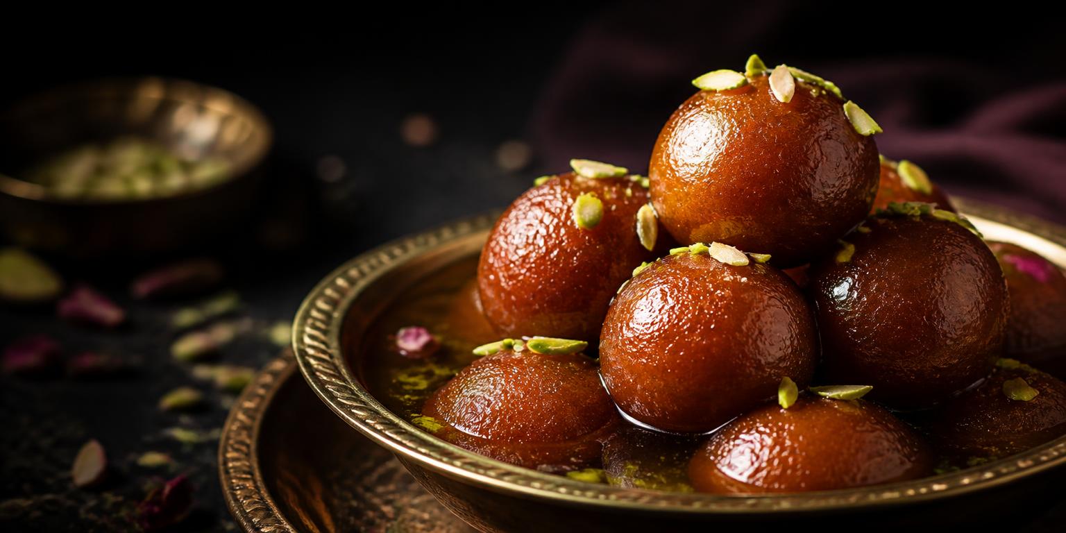Gulab jamun in syrup topped with slivered pistachio