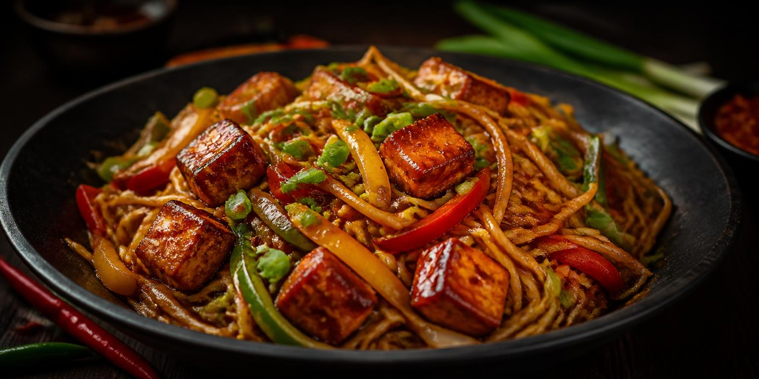 Hakka noodles with glossy chilli paneer, peppers and spring onion