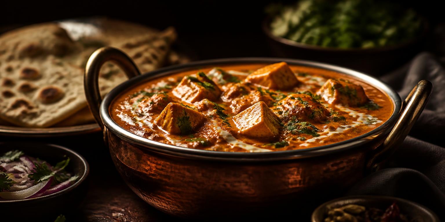 Paneer butter masala curry in a copper bowl with coriander