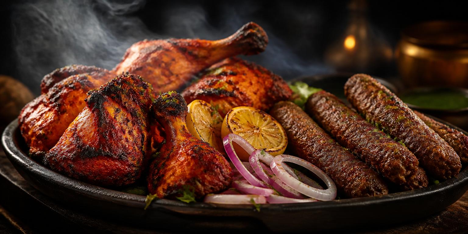Char-grilled tandoori chicken and seekh kebabs with lemon and onion