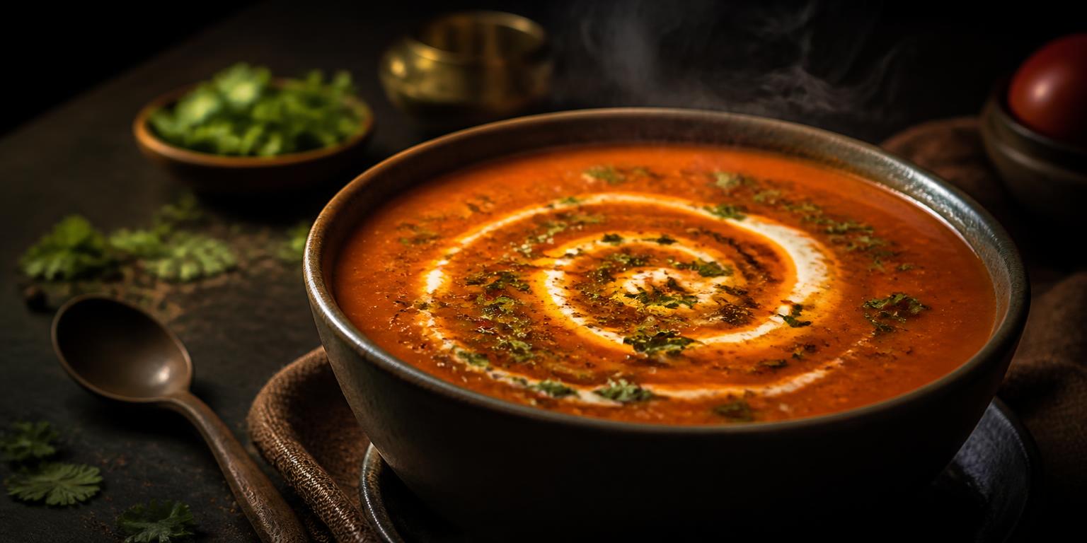 Steaming bowl of Indian tomato shorba with a swirl of cream and coriander