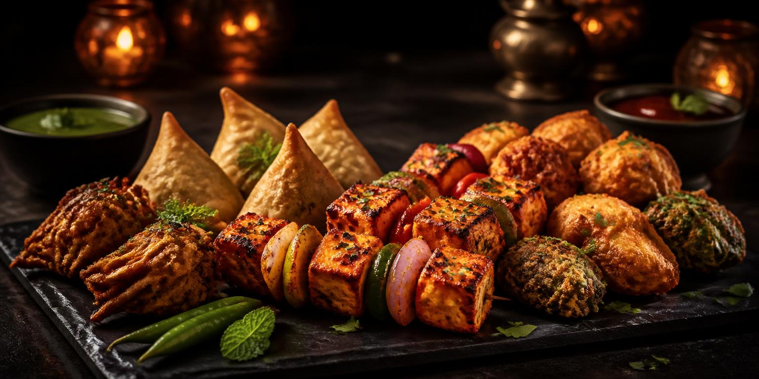 Assorted golden fried Indian starters — samosa, pakora and paneer tikka