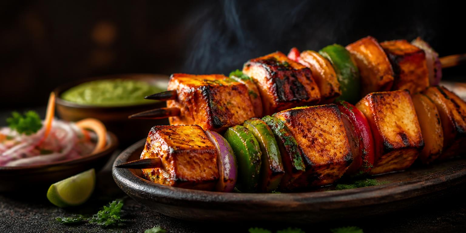 Char-grilled paneer tikka and tandoori vegetable skewers on slate