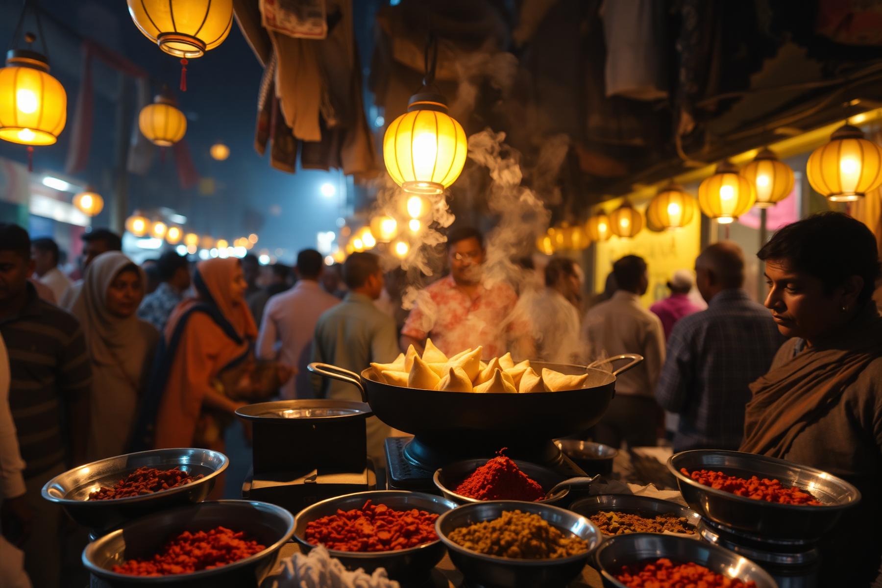 A bustling Banaras street food stall at dusk with steam rising.