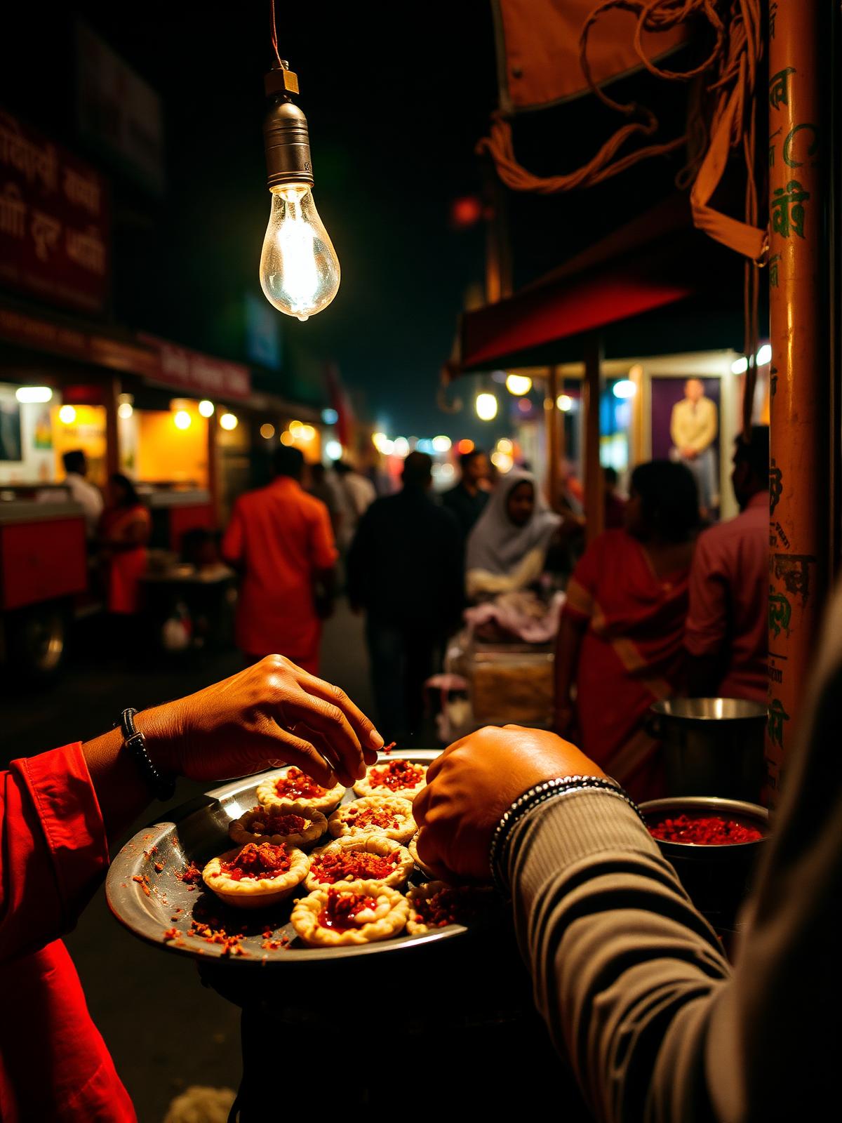 A street chaat vendor plating pani puri under a bare bulb.