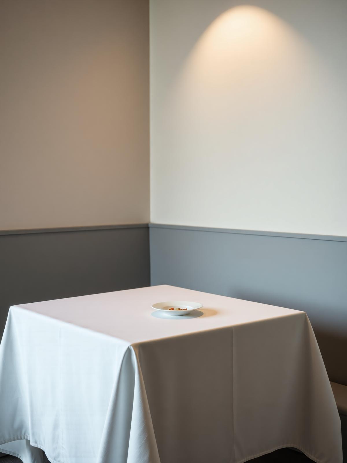 A hushed fine dining table with a single small plate.