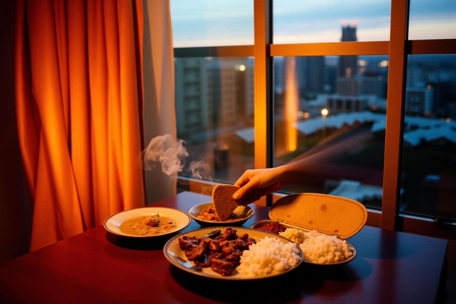 A home-cooked Indian meal on a table by a Singapore apartment window.